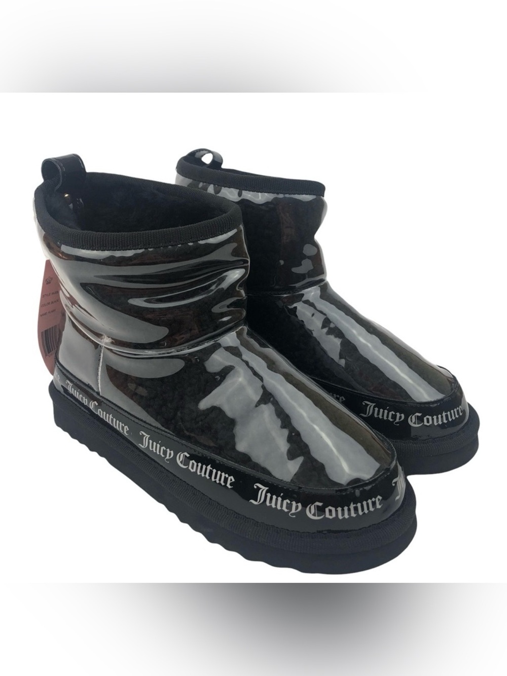Juicy Couture Klash Boots Clear Mirrored Sherpa Bootie Black Faux Fur Size 7